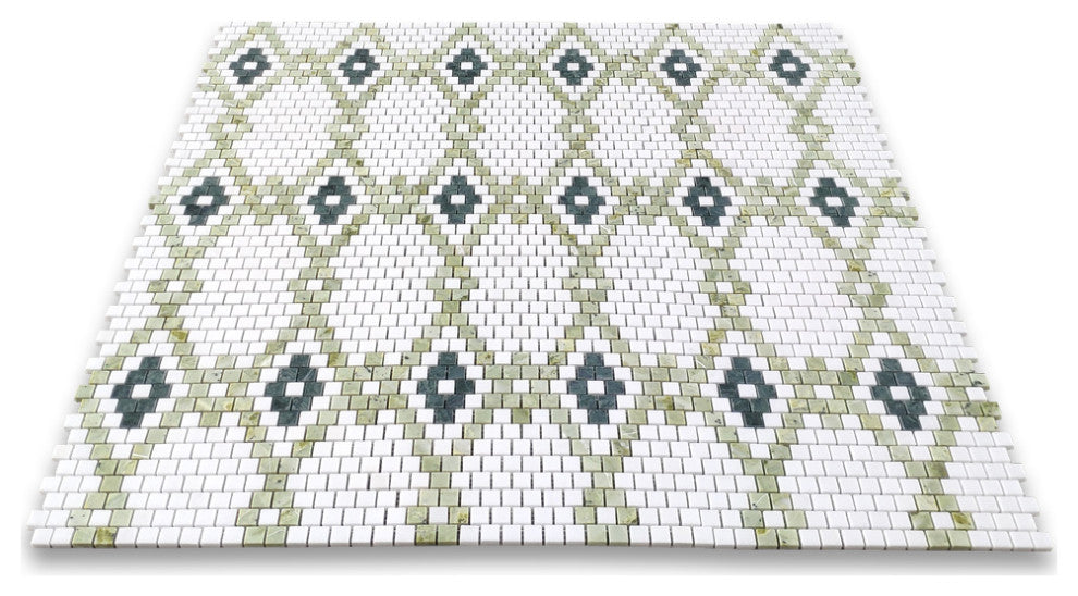 Thassos White Marble Square Diamond Mosaic Tile w/ Green Marble Honed, 1 sheet