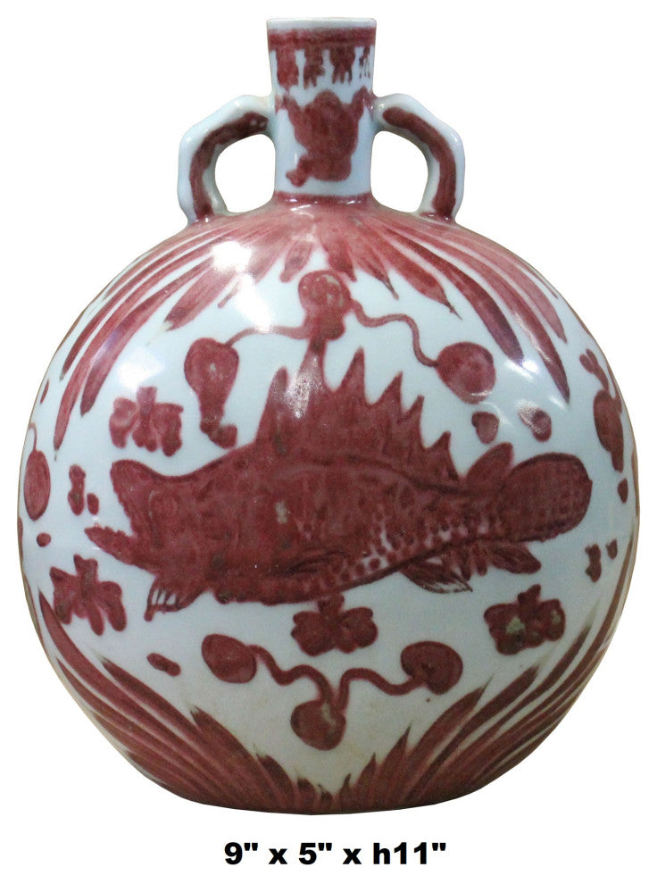 Chinese Oriental Pink Red White Base Fish Graphic Porcelain Vase Hws398