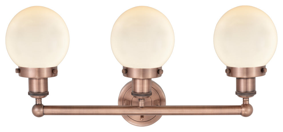 Small Edison Beacon 3-Light 25" Vanity Light, Antique Copper, Matte White Shade