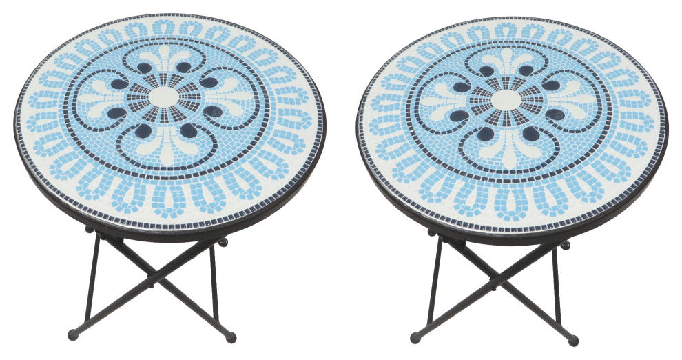 Mosaic Art Collection Accent Table with Foldable Legs, Pansies Blue, 2 Tables Se