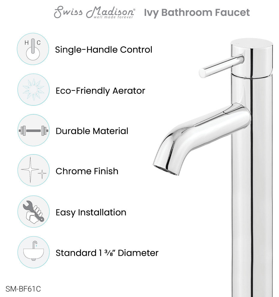 Ivy Single Hole Single Handle High Arc Bathroom Faucet, Chrome