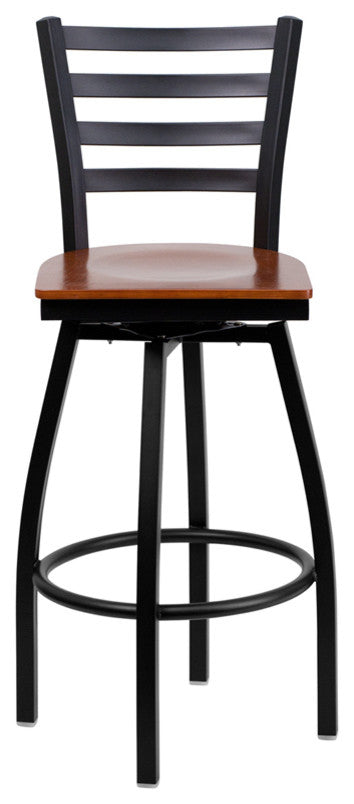 HERCULES Series Black Ladder Back Swivel Metal Barstool, Cherry Wood Seat