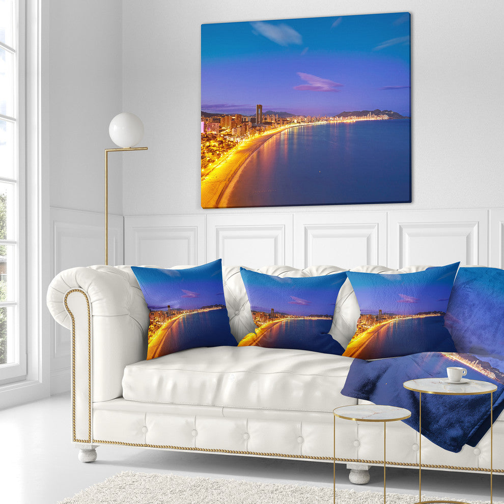 Benidorm Poniente Beach Sunset Seascape Throw Pillow, 16"x16"