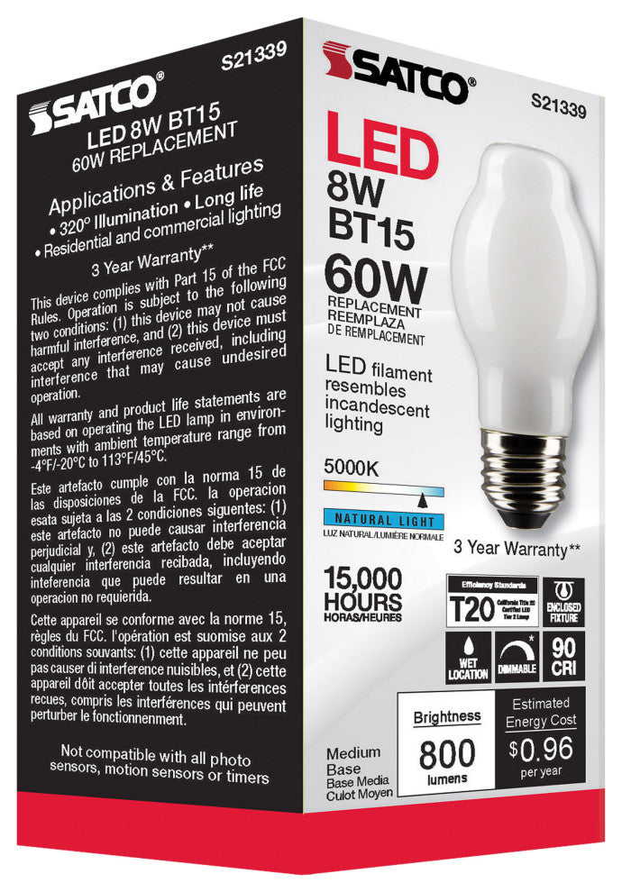 8W BT15 LED, White, Medium Base, 90 CRI, 5000K, 120V