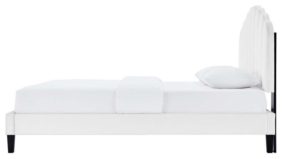 Platform Bed Frame, King Size, White, Velvet, Modern, Bedroom Guest Suite