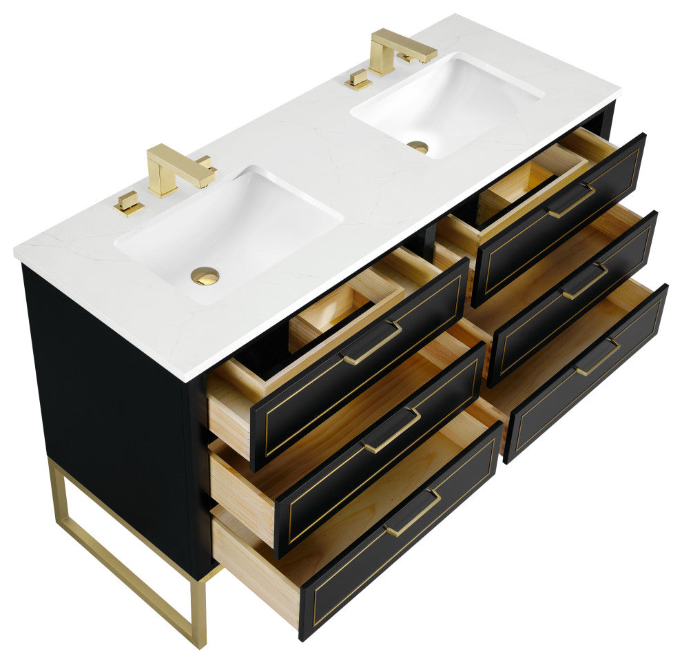 Markham Bathroom Vanity, Midnight Black/Satin Brass, 60", Calacatta Quartz Top
