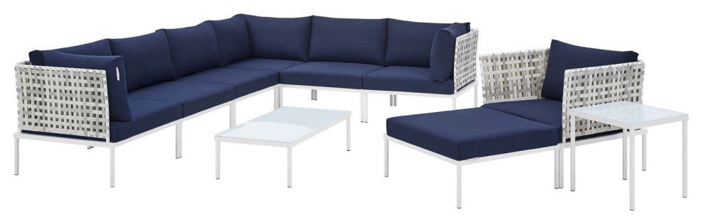Lounge Sectional Sofa Chair Table Set, Sunbrella, Aluminum, Blue Navy, Outdoor