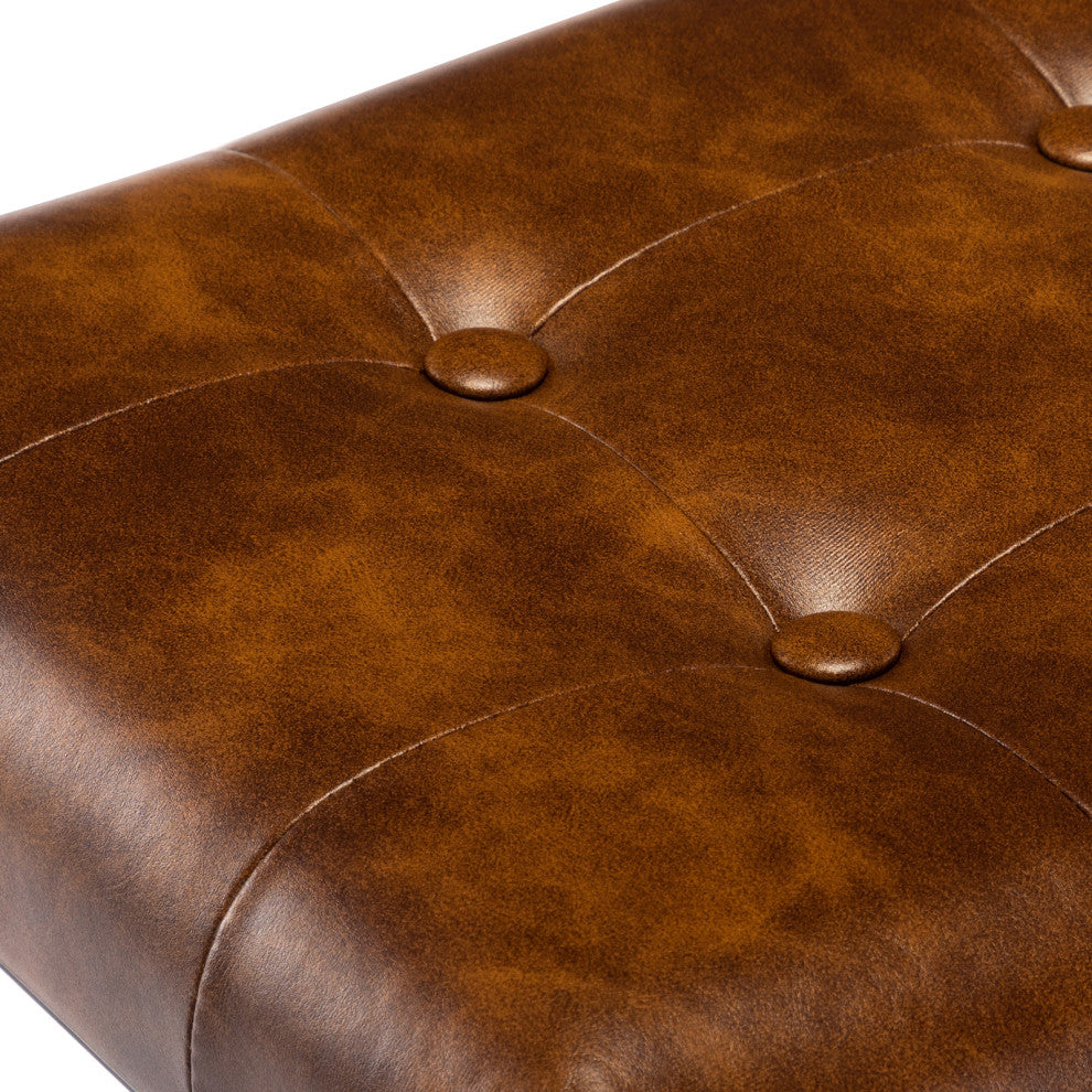 Set of 2 Button Tufted Faux Leather Counter Stools, Yellowish-Brown, 24 in
