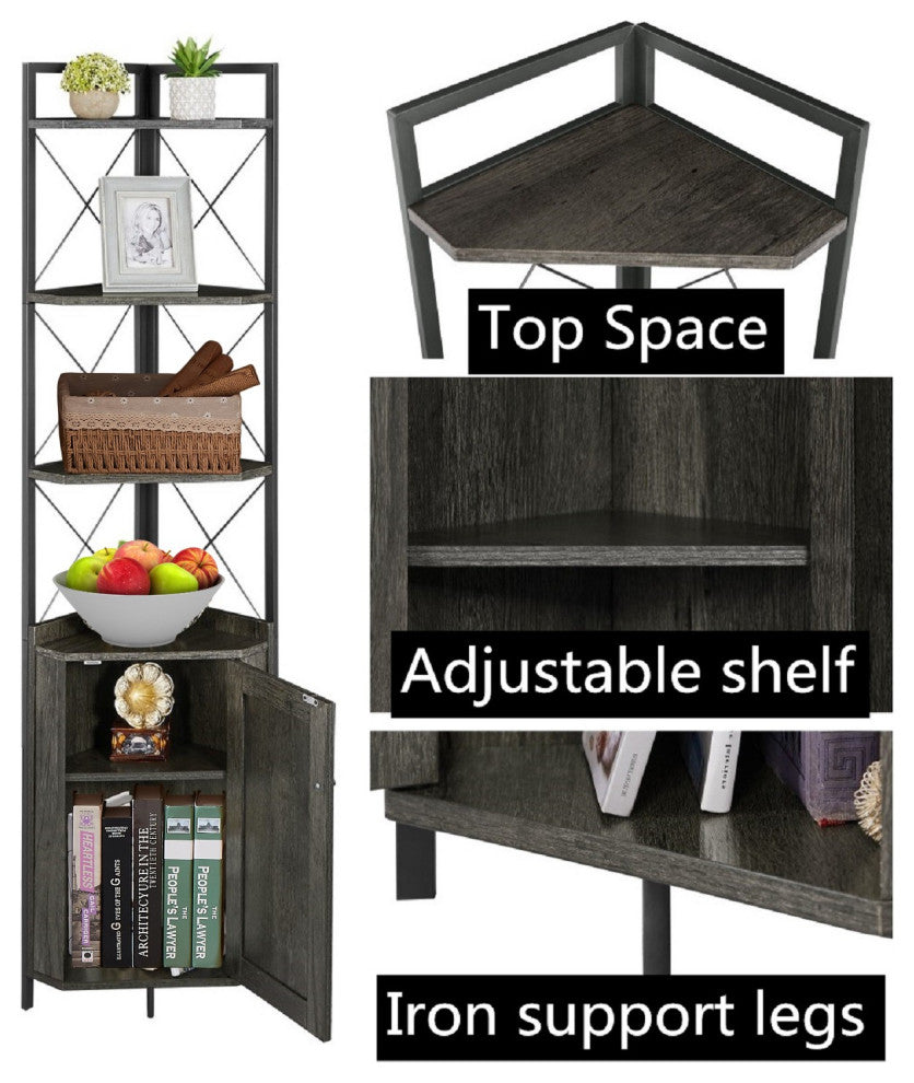 Dark Gray 5-Tier Corner Shelf With Storage