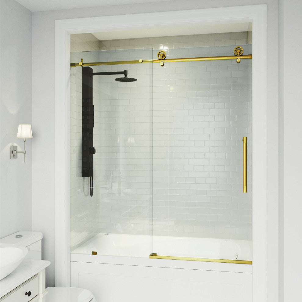 VIGO Elan Cass Aerodynamic 56" to 60" W x 66" H Frameless Sliding Tub Door, Matte Brushed Gold, Clear Glass