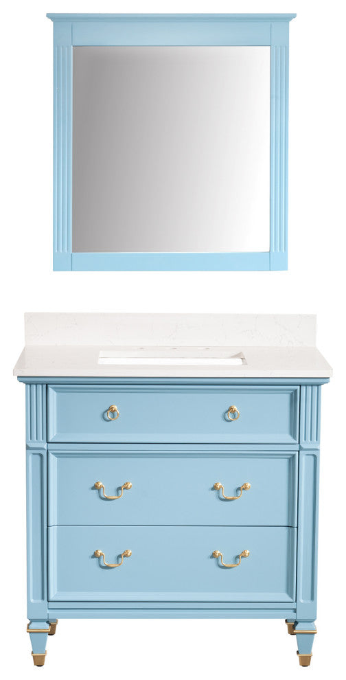 36 In Bathroom Vanity Set with Quartz Top, 32 In Mirror, cUPC Certified Sink, Classic Blue