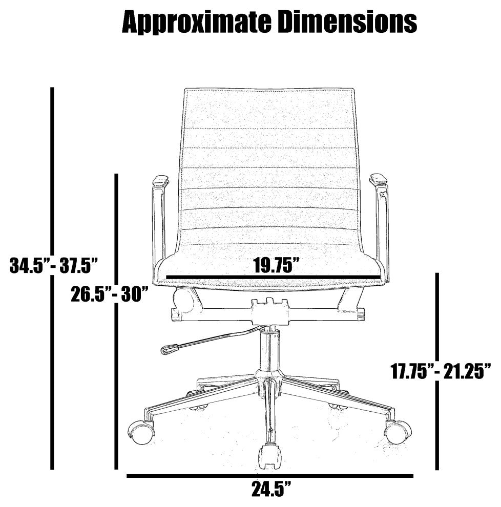 Modern Office Arm Chair With Wheels  Mid Back Ribbed PU Leather Adjustable, Black