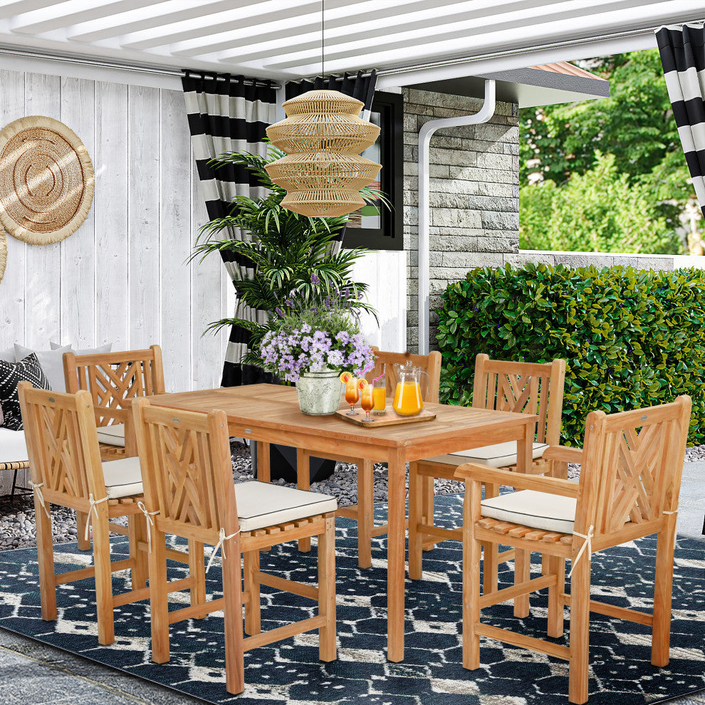 7 Piece Teak Chippendale 71" Rect Bistro Counter Set, 2 Arm and 4 Side Stools