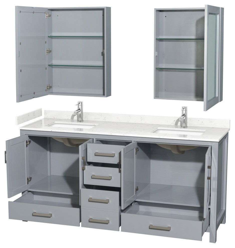 72"DBL Vanity Gray, Carrara Cult. Marble Countertop, Sinks, Med. Cabinets