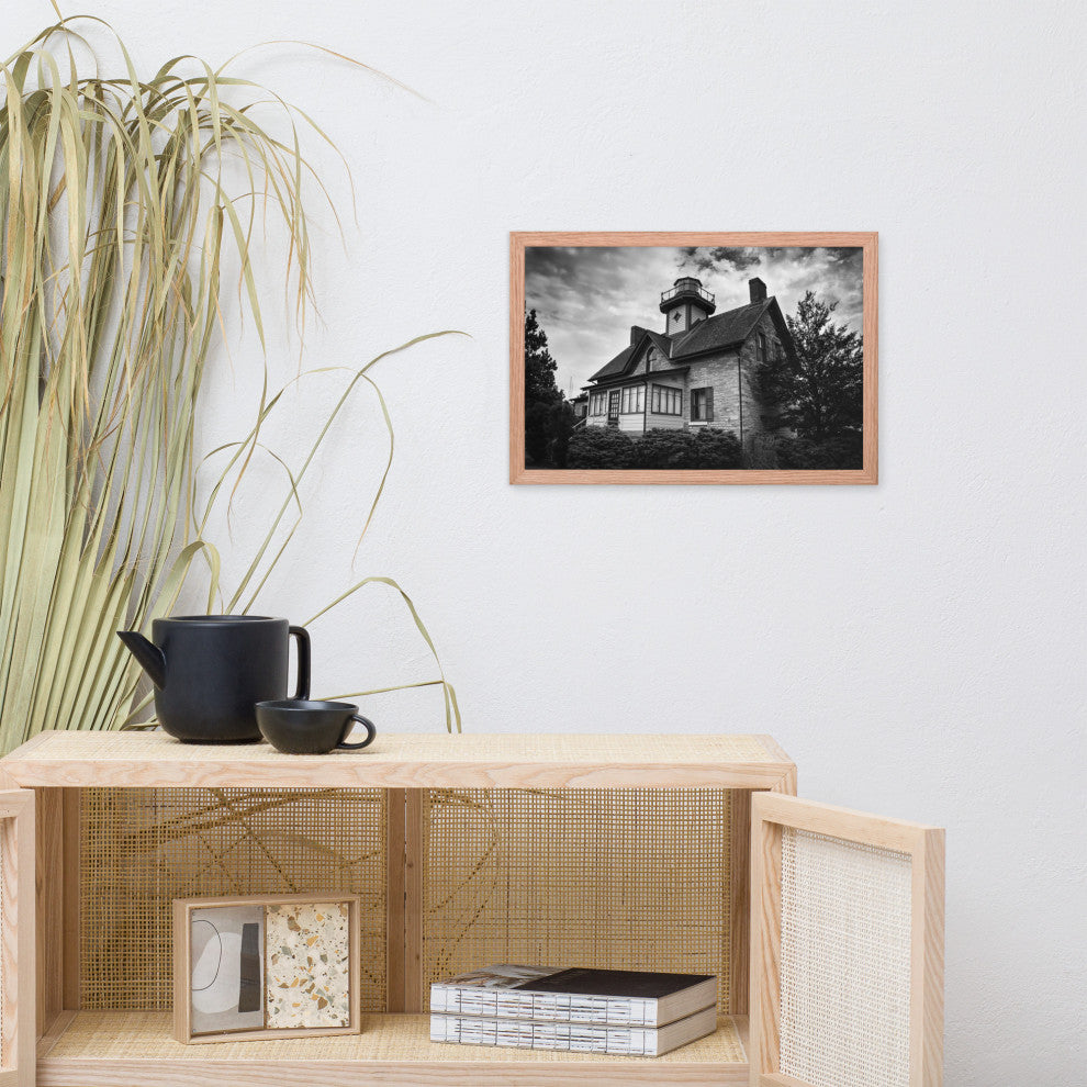 Cedar Point Lighthouse in Black and White Framed Photo Paper Wall Art Prints, Red Oak, 12" X 18"