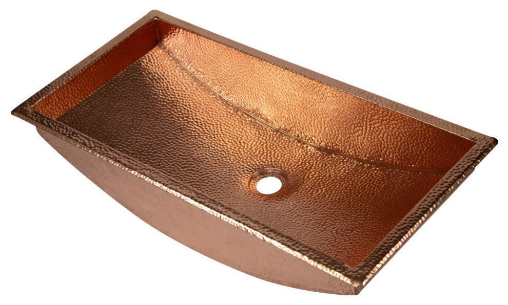 26" Rectangular Curved Bottom Hammered Copper Bathroom Sink, 17 Gauge
