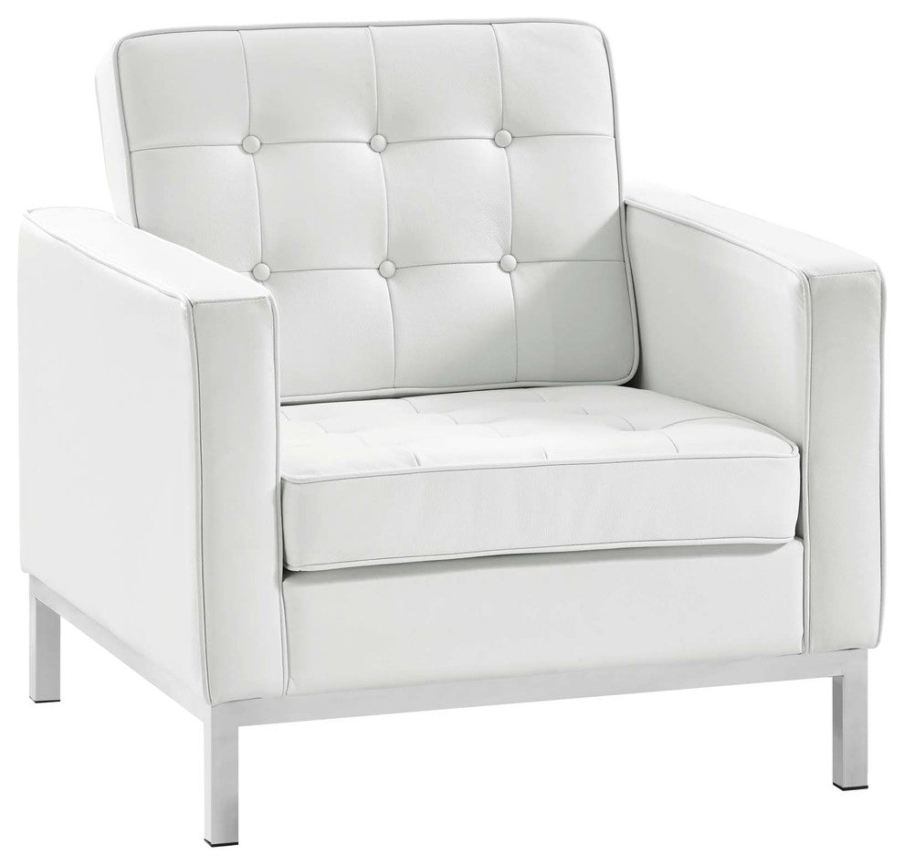 Modern Armchair and Loveseat Sofa Set, Genuine Leather, White