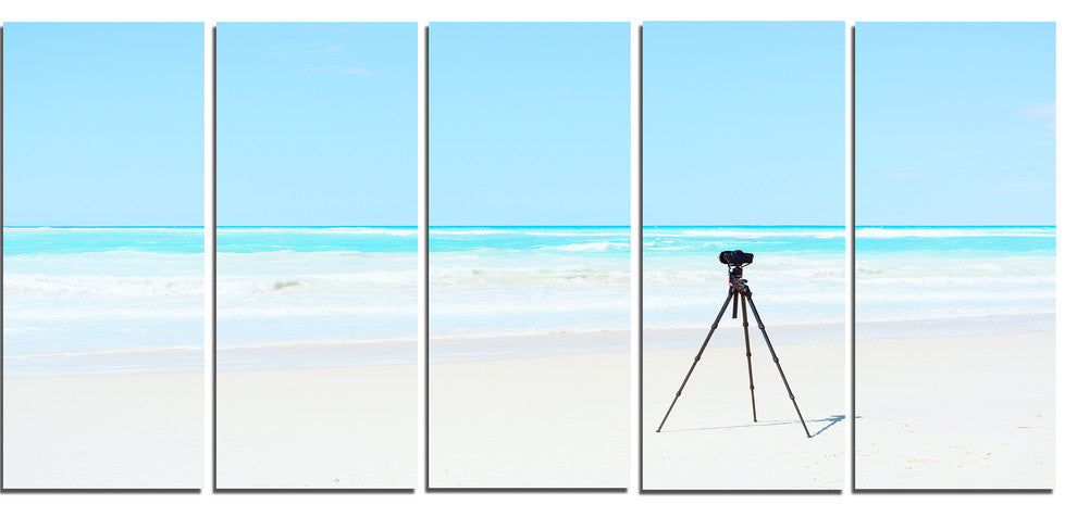 "Digital Camera And Tripod On Beach" Landscape Wall Art Print, 5 Panels, 60"x28"