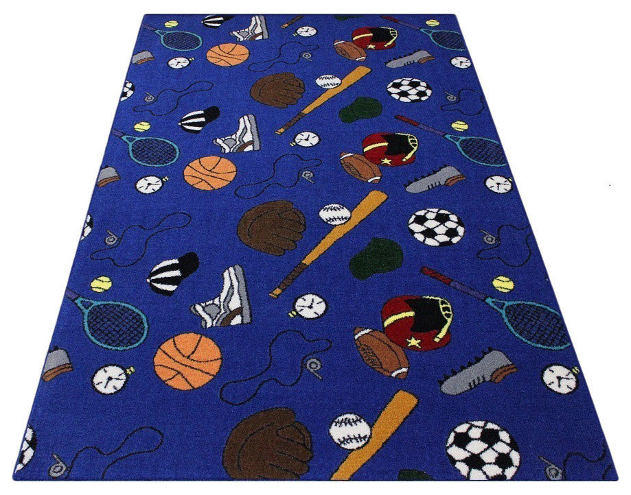 6' Round Custom Area Rug Multi Sports, Nylon Stainmaster Carpet, Blue