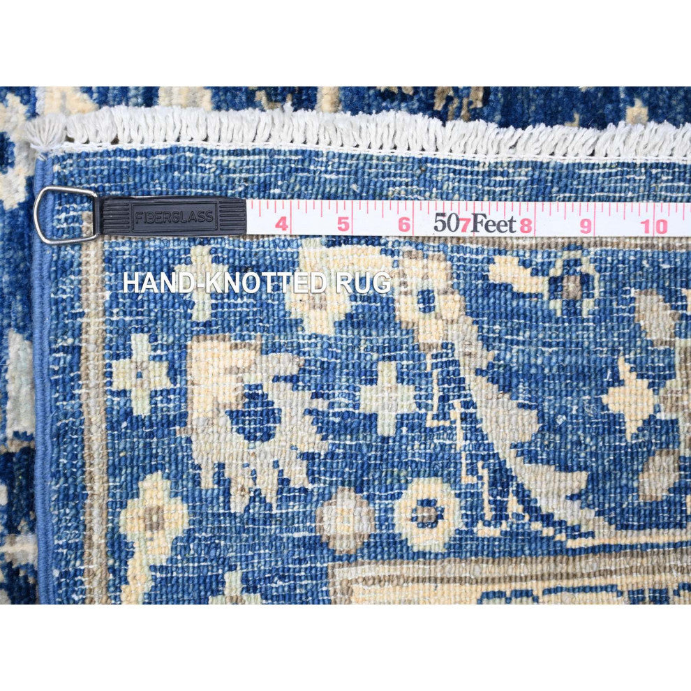 Sapphire Blue Natural Wool Fine Peshawar Hand Knotted Wide Runner Rug 3'7"x9'11"