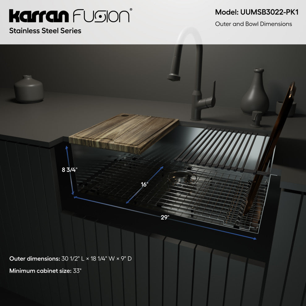 Karran Undermount 30-in Stainless Steel Single Bowl Workstation Kitchen Sink