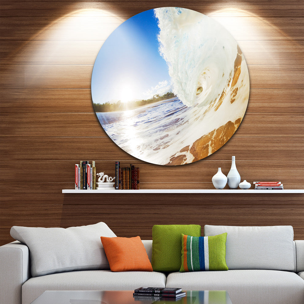 Crashing Sandy Ocean Waves, Modern Beach Disc Metal Artwork, 23"