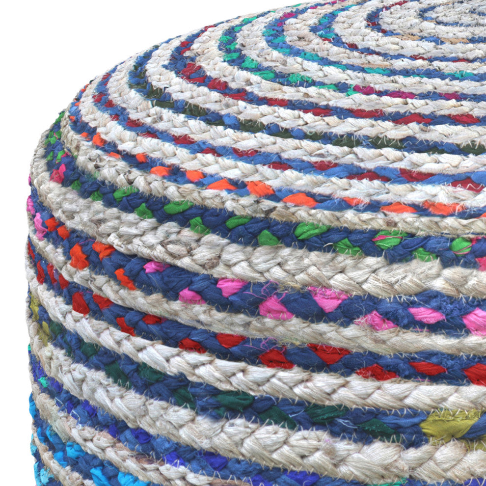 Margo Round Pouf, Braided Jute, Blue