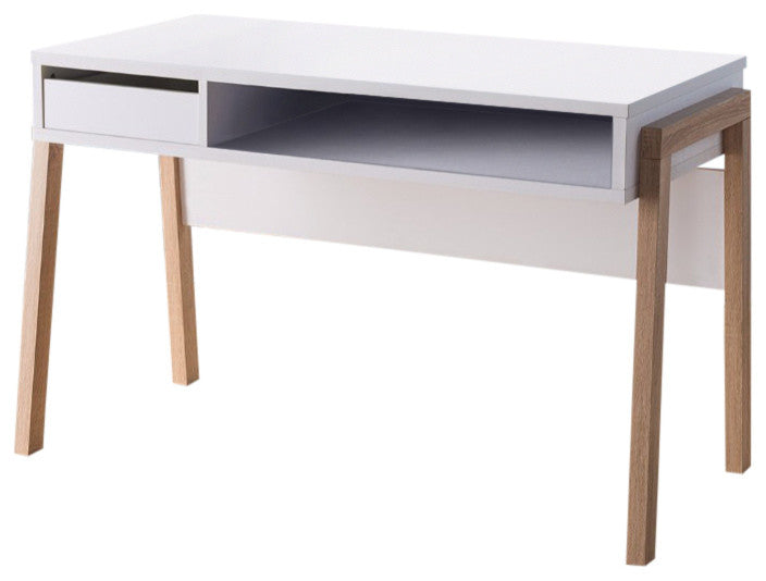 Benzara BM148830 Contemporary Style Desk With Open Storage Shelf, White & brown