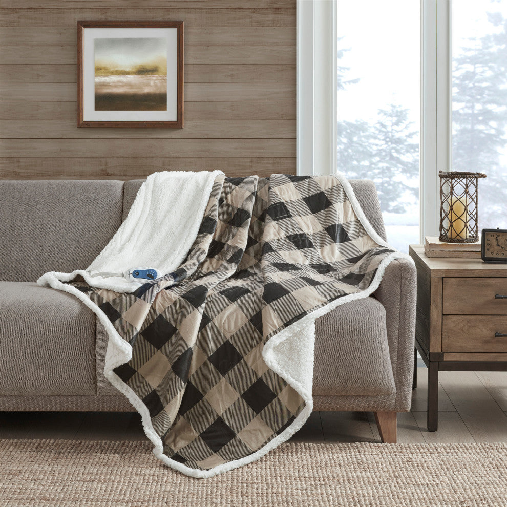 Woolrich Heated 60x70" Buffalo Check Electric Throw Blanket, Tan