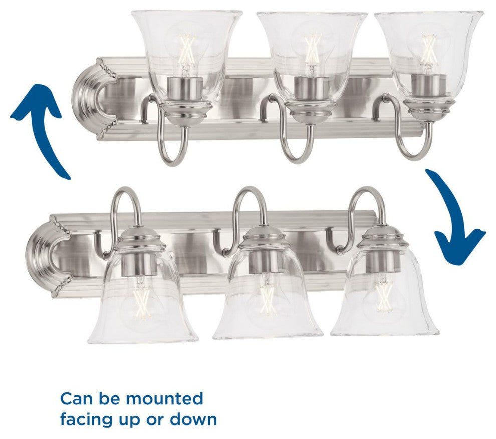 Three-Light Brushed Nickel Transitional Bath and Vanity Light With Clear Glass
