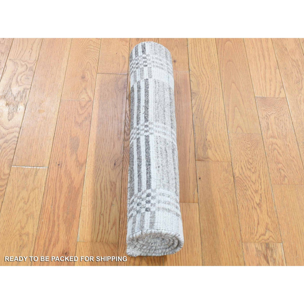 Ivory/Gray Hand Loomed Modern Plaid Design 100% Wool Mat Oriental Rug, 2'x3'