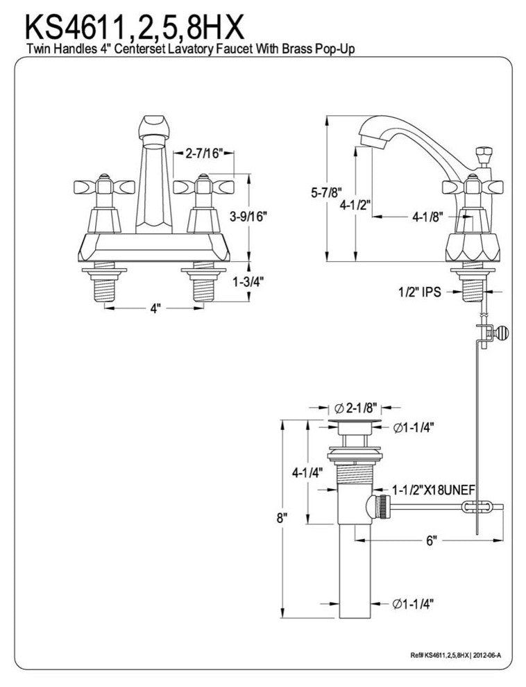 Two Handle 4" Centerset Lavatory Faucet with Brass Pop-up KS4611HX