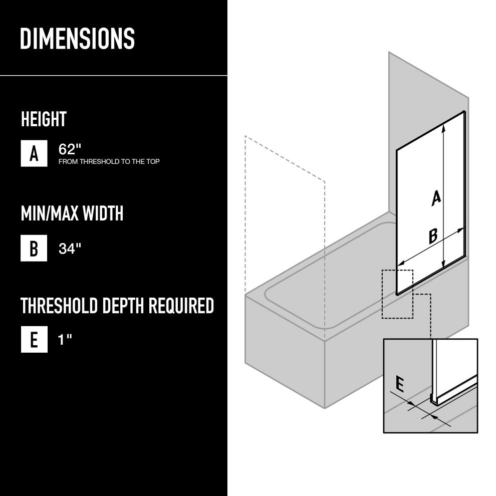 VIGO Zenith Frameless Fixed, Chrome, Tub Screen, 34" W X 62" H, Clear Glass