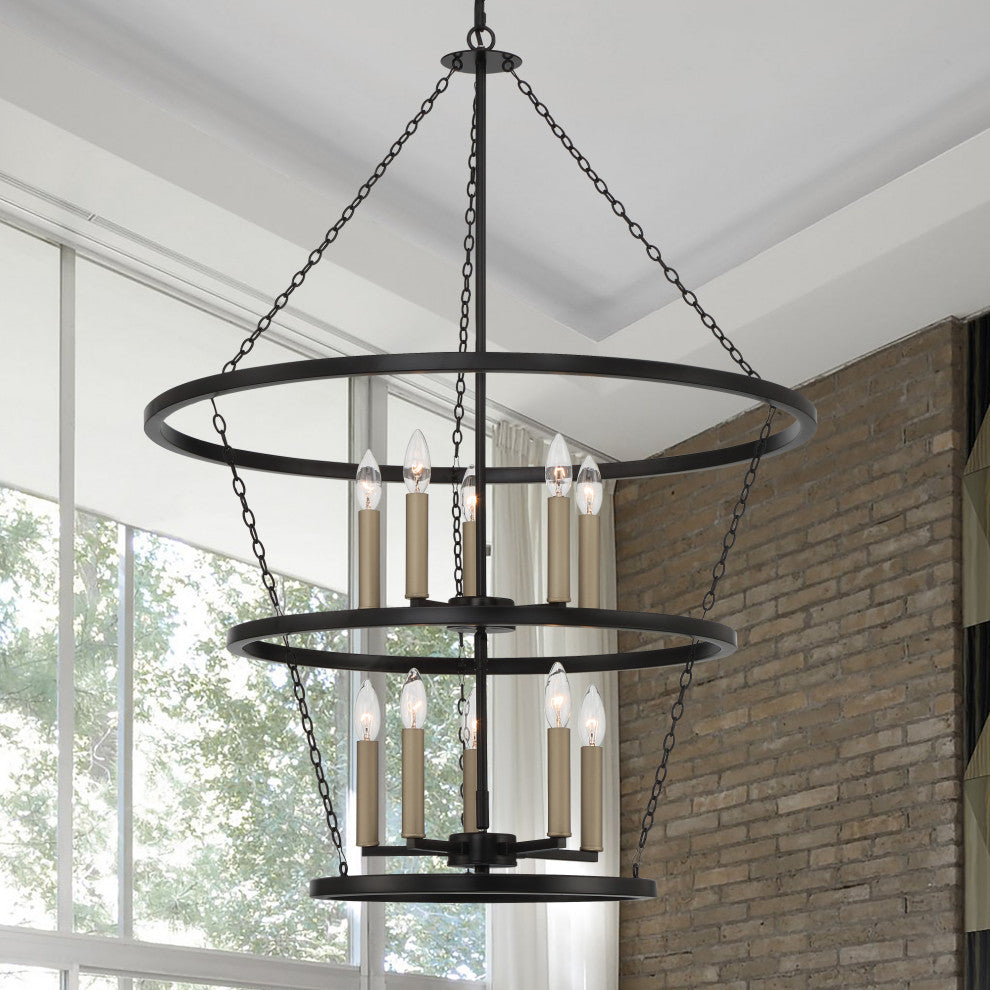 10-Light Candle Style Wagon Wheel Chandelier, Classic Black/Brass Dust