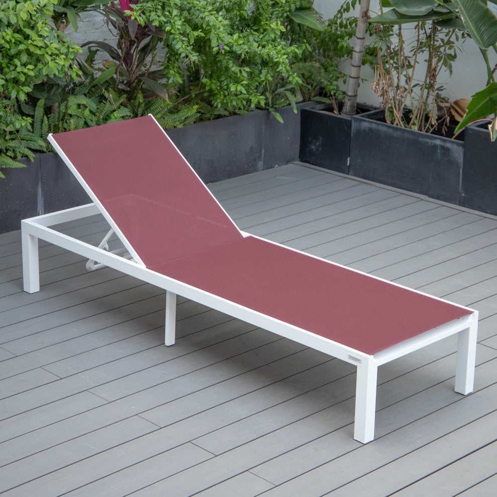 LeisureMod Marlin Patio Chaise Lounge Chair With White Frame, Burgundy