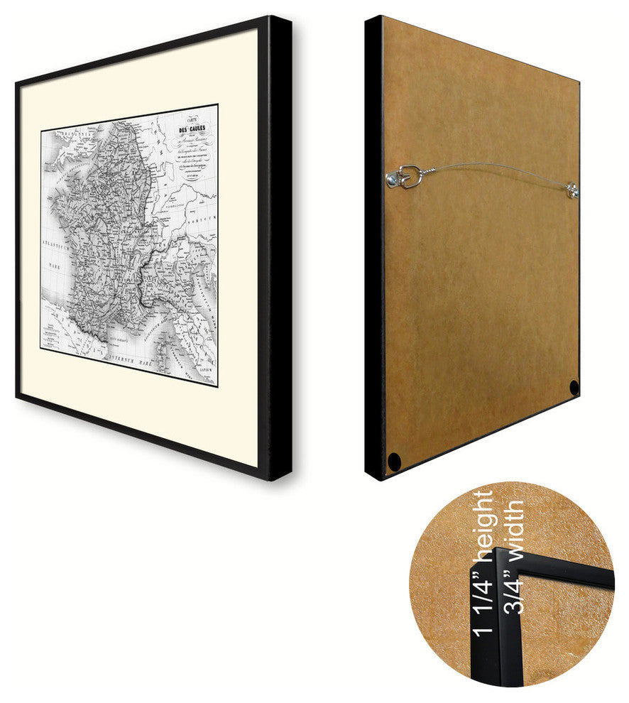 France Vintage Map Print On Canvas With Black Custom Frame, 16" X 21"