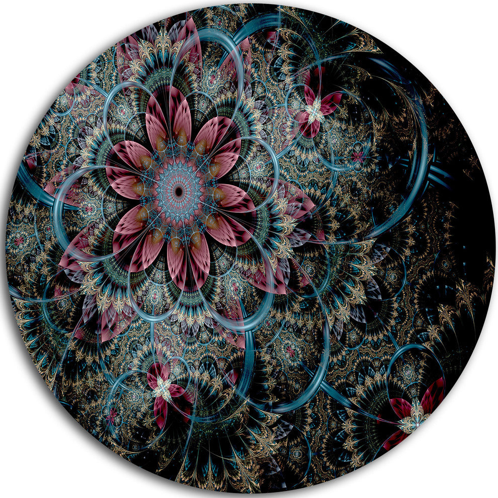 Fractal Flower In Dark Blue Digital Art, Floral Disc Metal Artwork, 11"