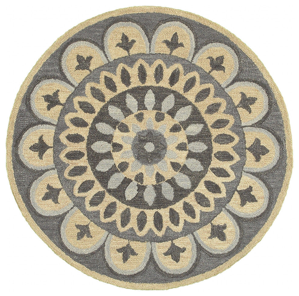 6' Gray Round Wool Geometric Hand Tufted Area Rug