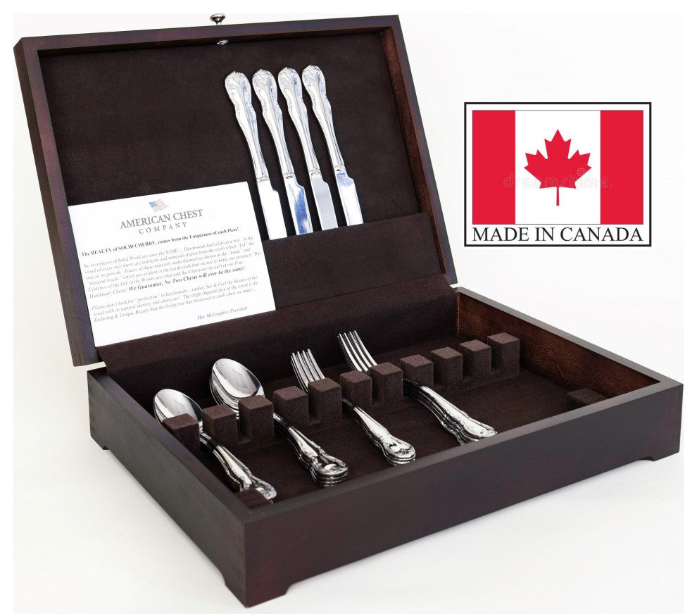 #FCan1 Canadian MONTREAL Flatware Chest; Solid Basswood w/ DARK Mahogany finish