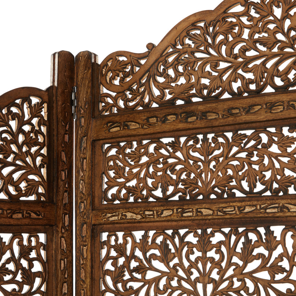 Benzara BM01875 Villa Este Wood Room Divider 4 Panels Carved Screen