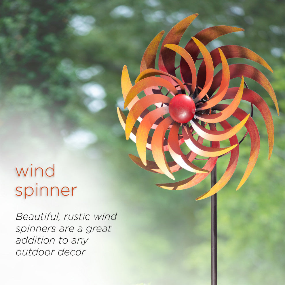75" Tall Dual Metal Rustic Garden Kinetic Wind Spinner Stake, Red and Orange