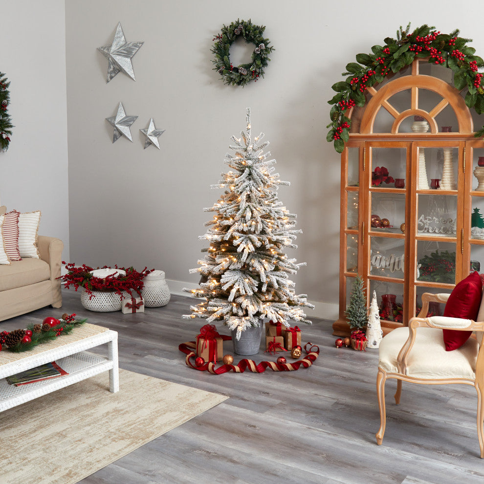 6' Flocked Long Vermont Pine Faux Xmas Tree W/758 Bendable Branches & 250 Lights