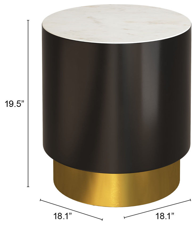 Sofa Side Table, Round, Artificial Marble, Iron Metal, White, Black, Gold