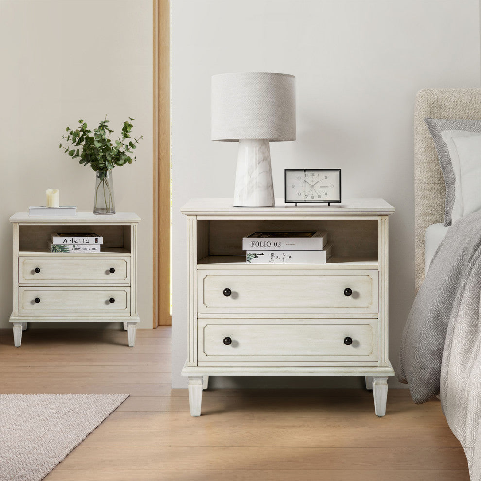 Drawer Solid Wood Nightstand Set of 2, White