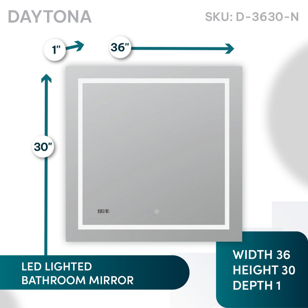 AQUADOM Daytona LED Wall-Mount Mirror Defogger Digital Clock 36"x30"x1"