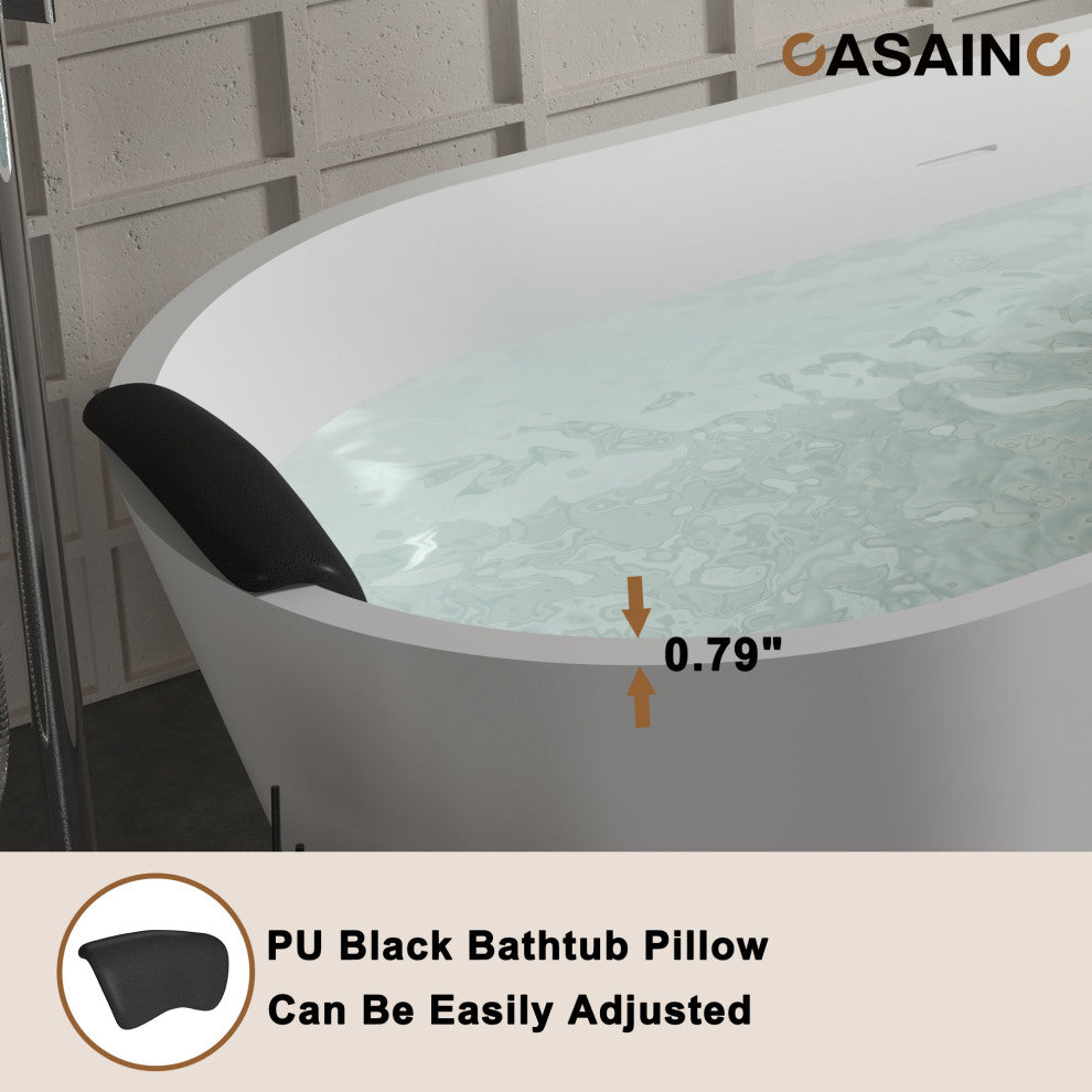 59in White Solid Surface Freestanding Soaking Bathtub with Drain, 59in