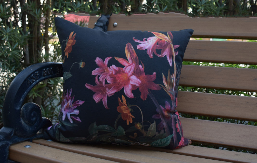 Color Me Floral Floral Print Decorative Outdoor Throw Pillow, Black, 16"