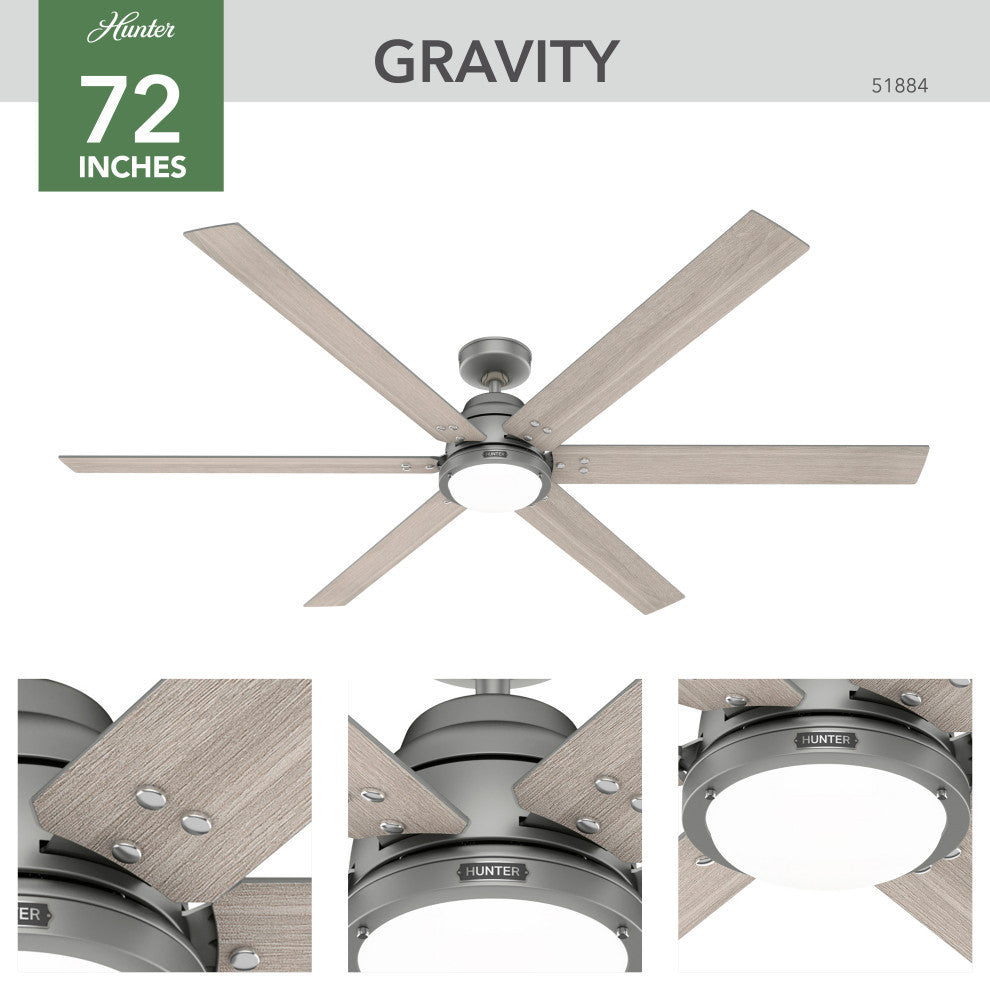 WiFi Gravity Ceiling Fan, LED Light Kit and Handheld Remote, Matte Silver, 72"