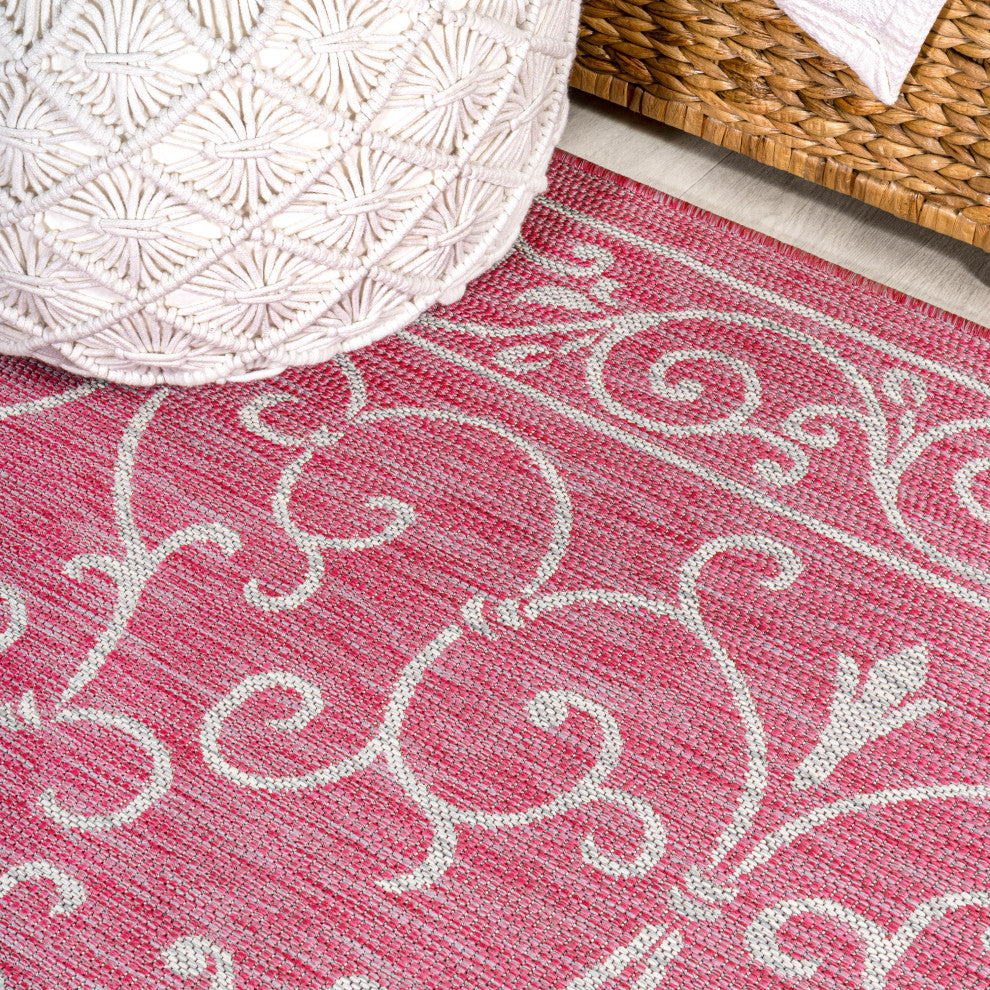 Charleston Filigree Textured Weave Indoor/Outdoor, Fuchsia/Light Gray, 2 X 10