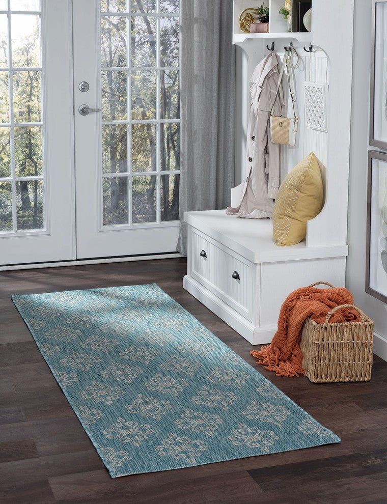 Vega Transitional Geometric Aqua Light Gray Indoor/Outdoor Runner Rug 3x8